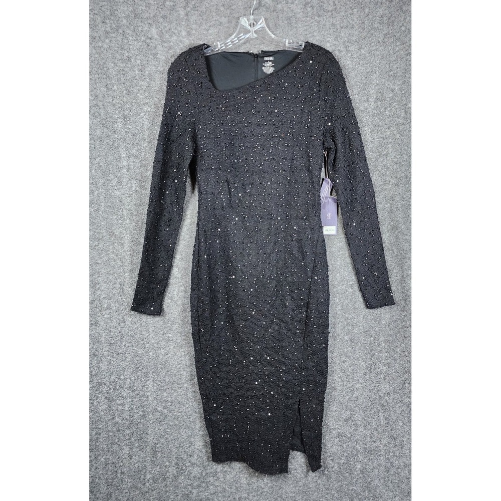 Jennifer Lopez Sheath Dress Women 4 Black Sequin Asymmetrical Long Sleeve Midi